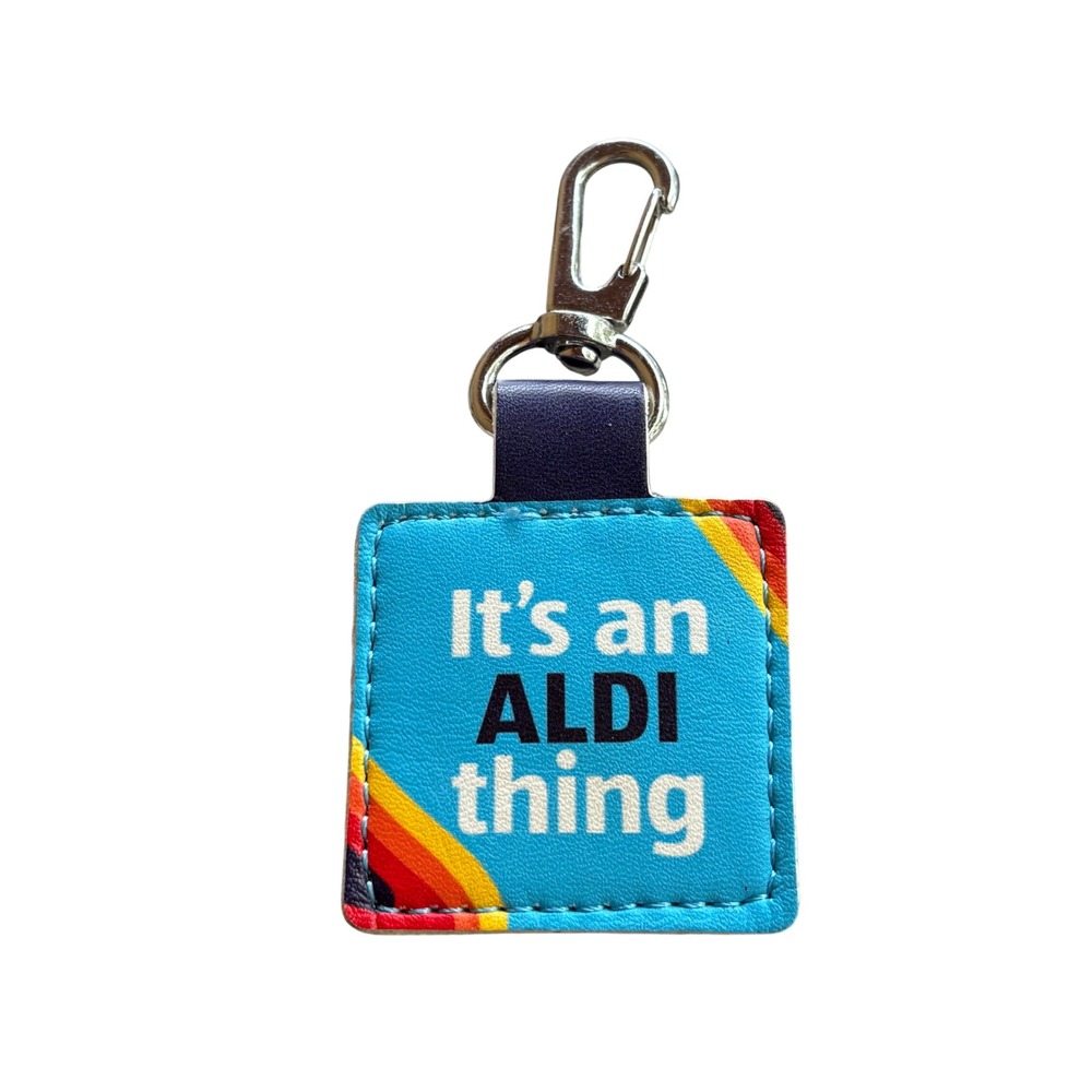 ALDI Quarter Holder Keychain Blue Faux Leather Its An Aldi Thing Coin Slot Retro